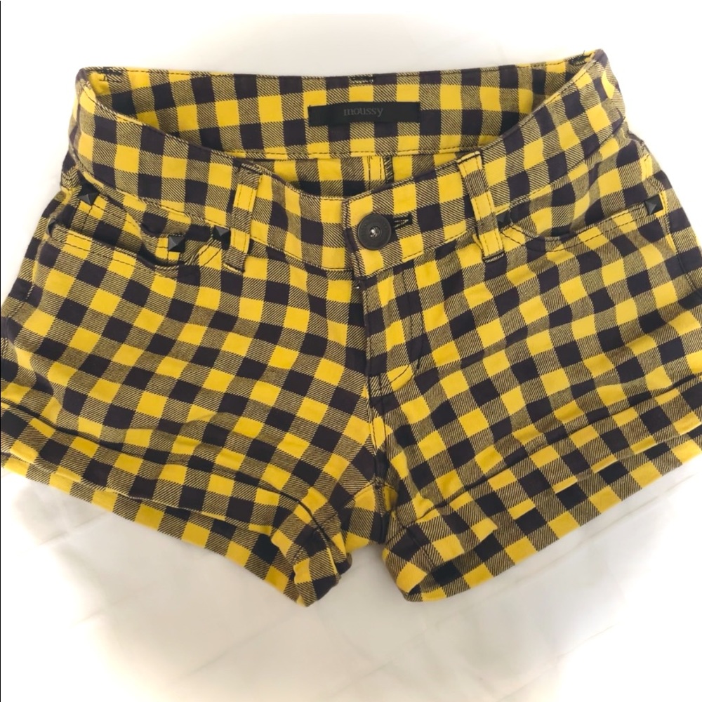 🇯🇵 Moussy Japan 💛🖤💛 plaid gingham checkers extra short shorts Y2K